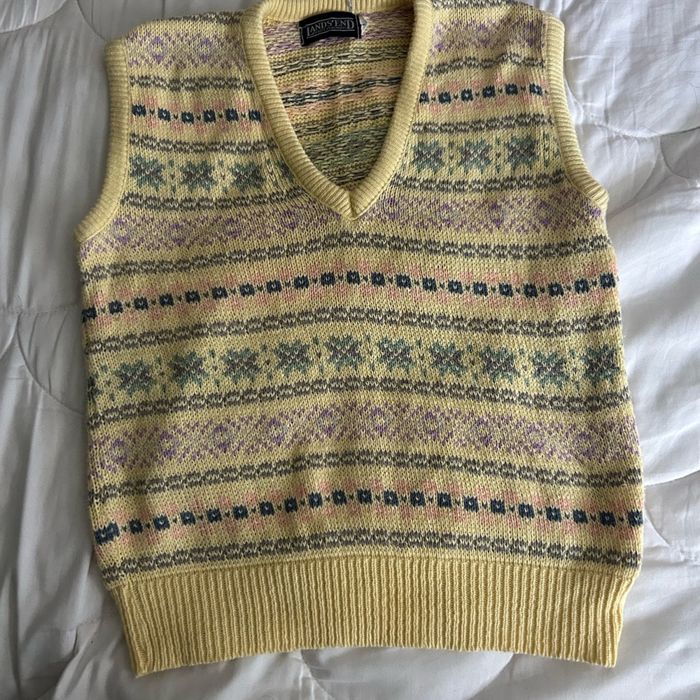 Vintage 100% Cotton Lands End Fair Aisle pattern vest v neck colorful accent